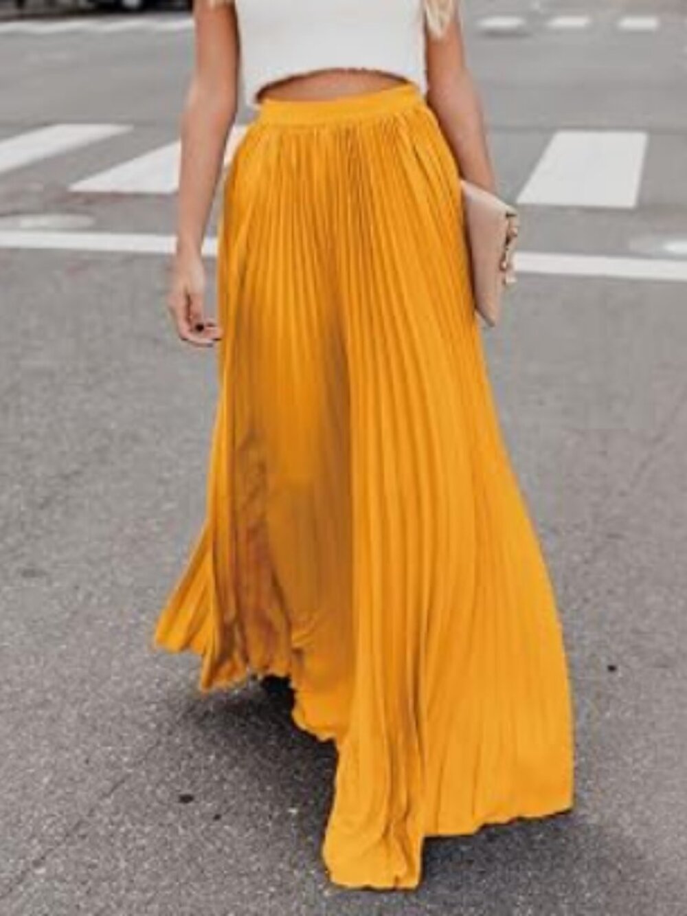 Ebossy Mustard Yellow High-Waist Pleated Chiffon Maxi Skirt 2XL - [MM0887]